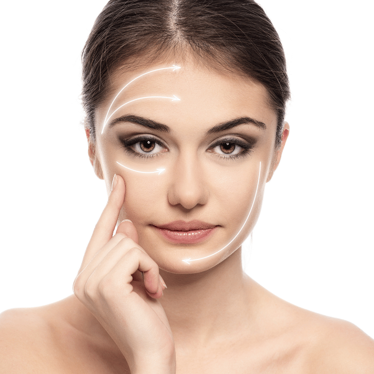 Rellenos Faciales en Granada - Tratamientos Personalizados Mujer con líneas de tratamiento facial destacadas para rellenos faciales en Granada.